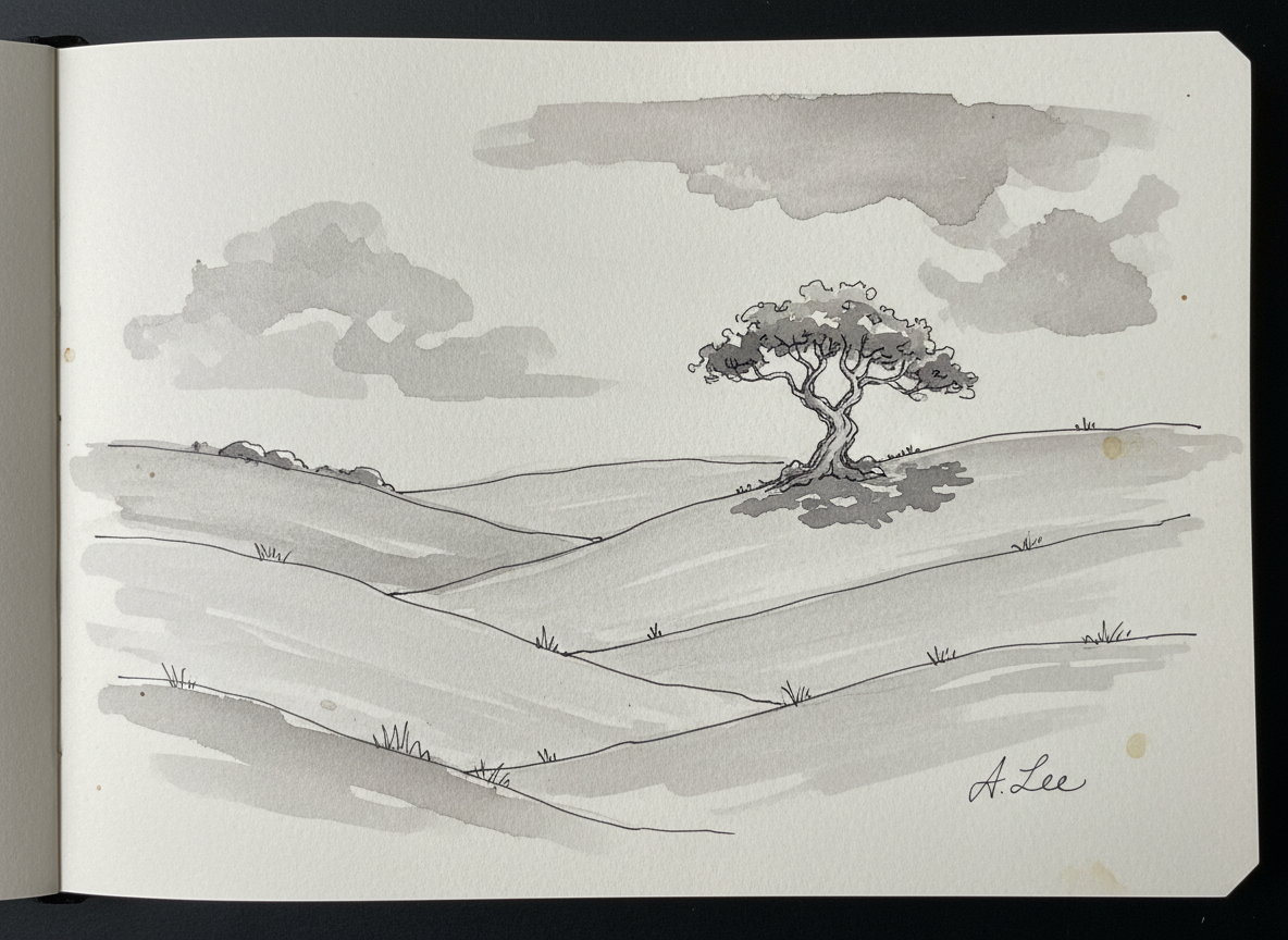 An ink and wash landscape sketch of rolling hills with a lone tree, monochrome grey washes with fine pen linework, minimal composition, plein air sketchbook page, subtle paper grain