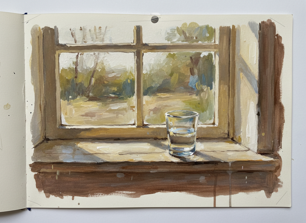 A loose gouache study of a window with soft morning light falling across a wooden sill holding a glass of water, warm neutral tones, painterly texture, intimate interior scene, art journal page